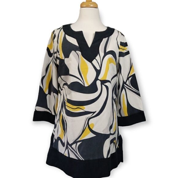 😍 TESORI SILK COTTON ABSTRACT YELLOW BLACK GRAY PRINT 3/4 SLEEVE TUNIC TOP SZ M - Picture 3 of 8